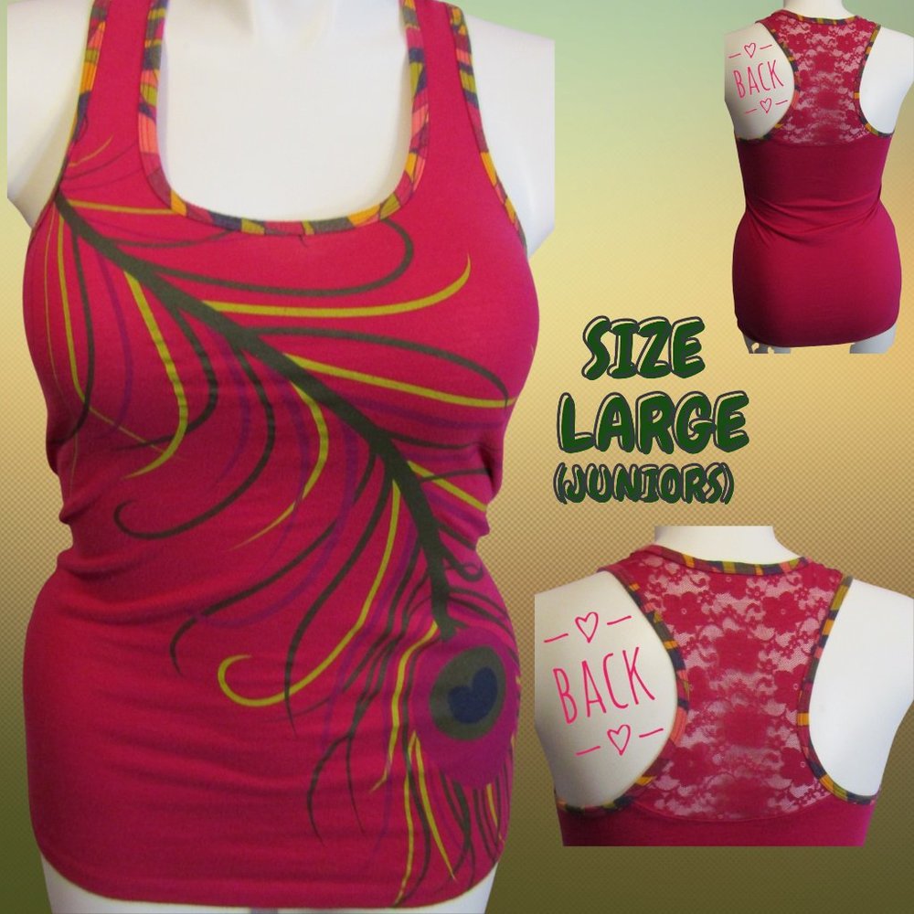 Junior's Large Pink Lace Feather Tank Top Size L